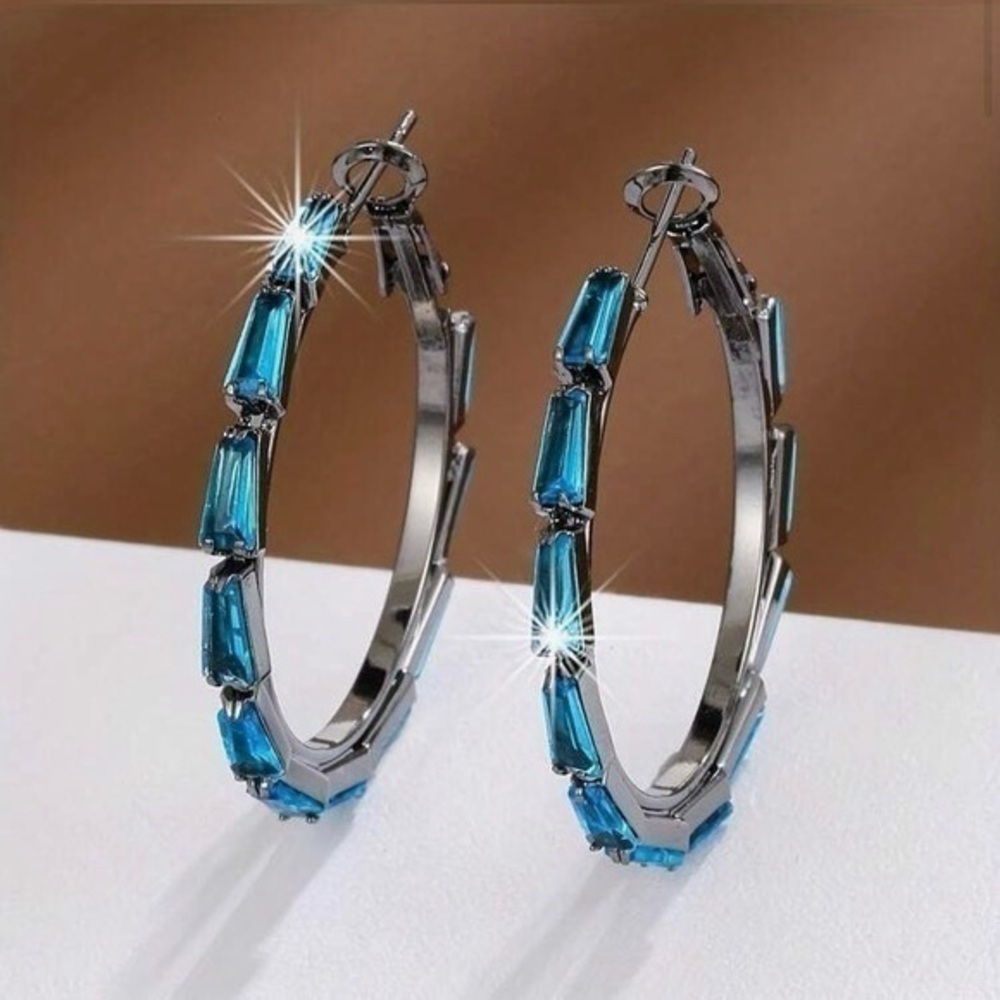 Black Gold Light Blue Spinel Hoop Earrings